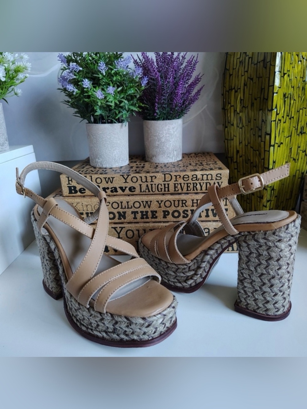 Free People Fahn Jute Woven and Leather Platform Heel Sandals. NWOB